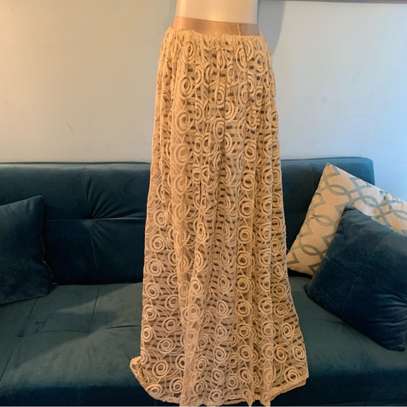 Fracomina lace maxi skirt 42 s small beige EUC striped lined slit - Picture 4 of 11